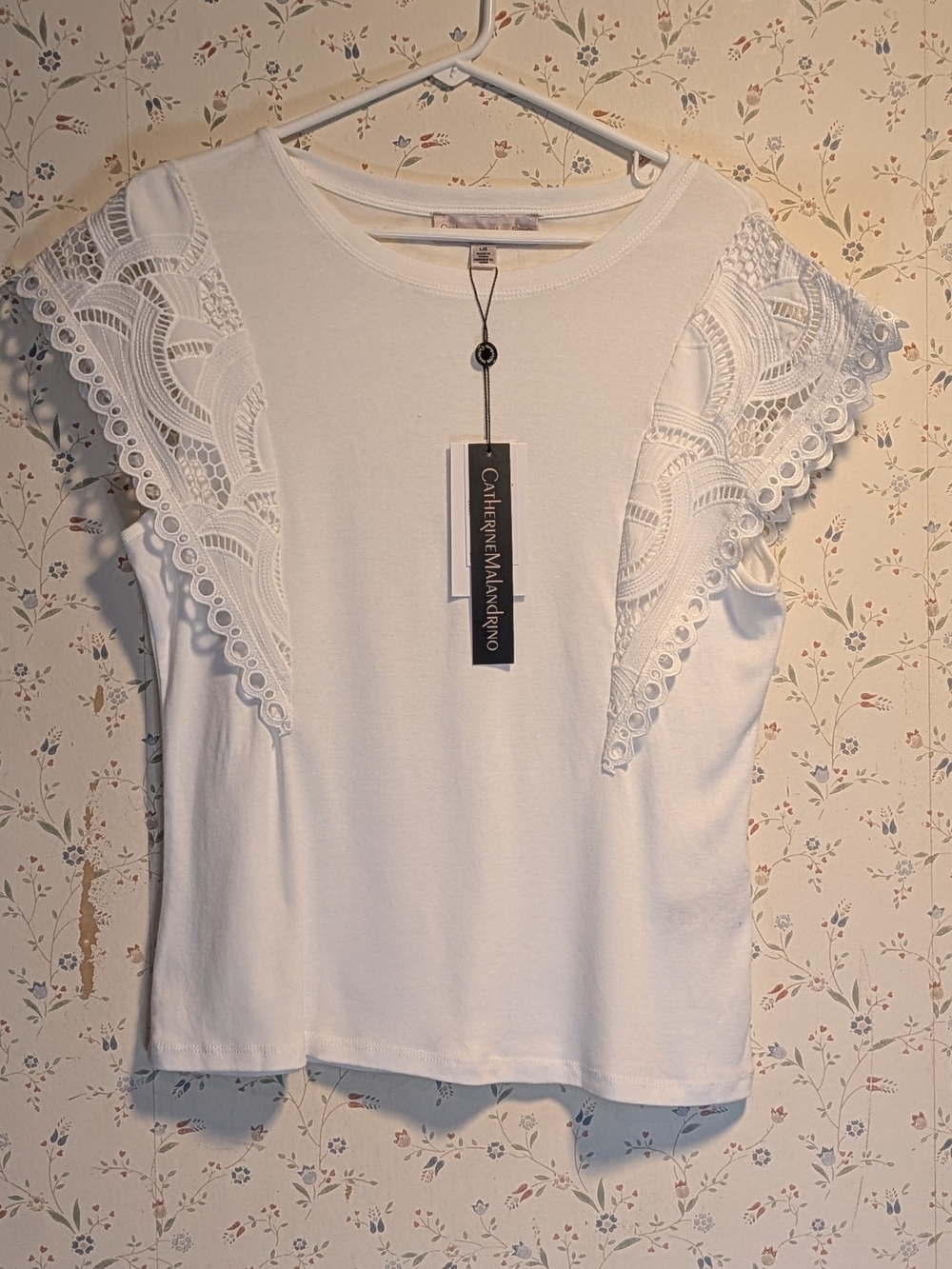 Catherine Malandrino Top L Lace  Flutter Sleeve Summer White Flirty Picnic Vacay